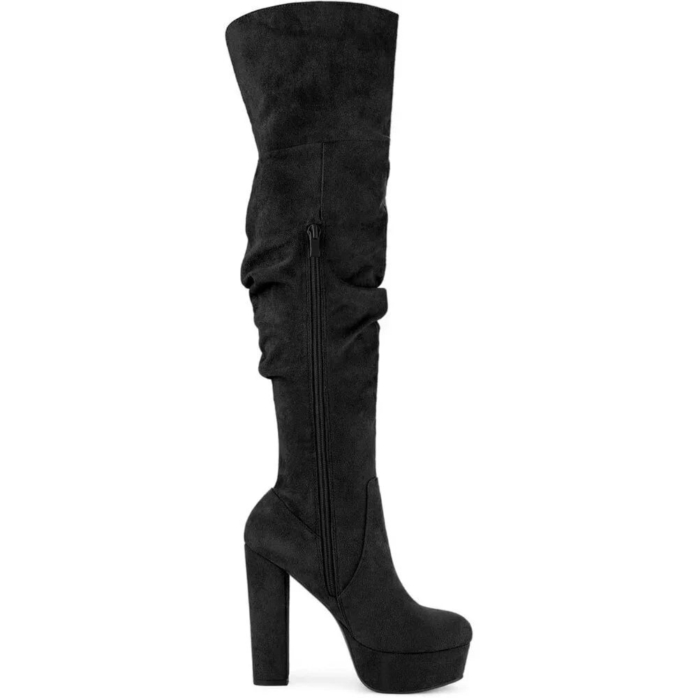 Women Black Platform Round Toe Zipper Slouch Heel Over the Knee Thigh High Boot